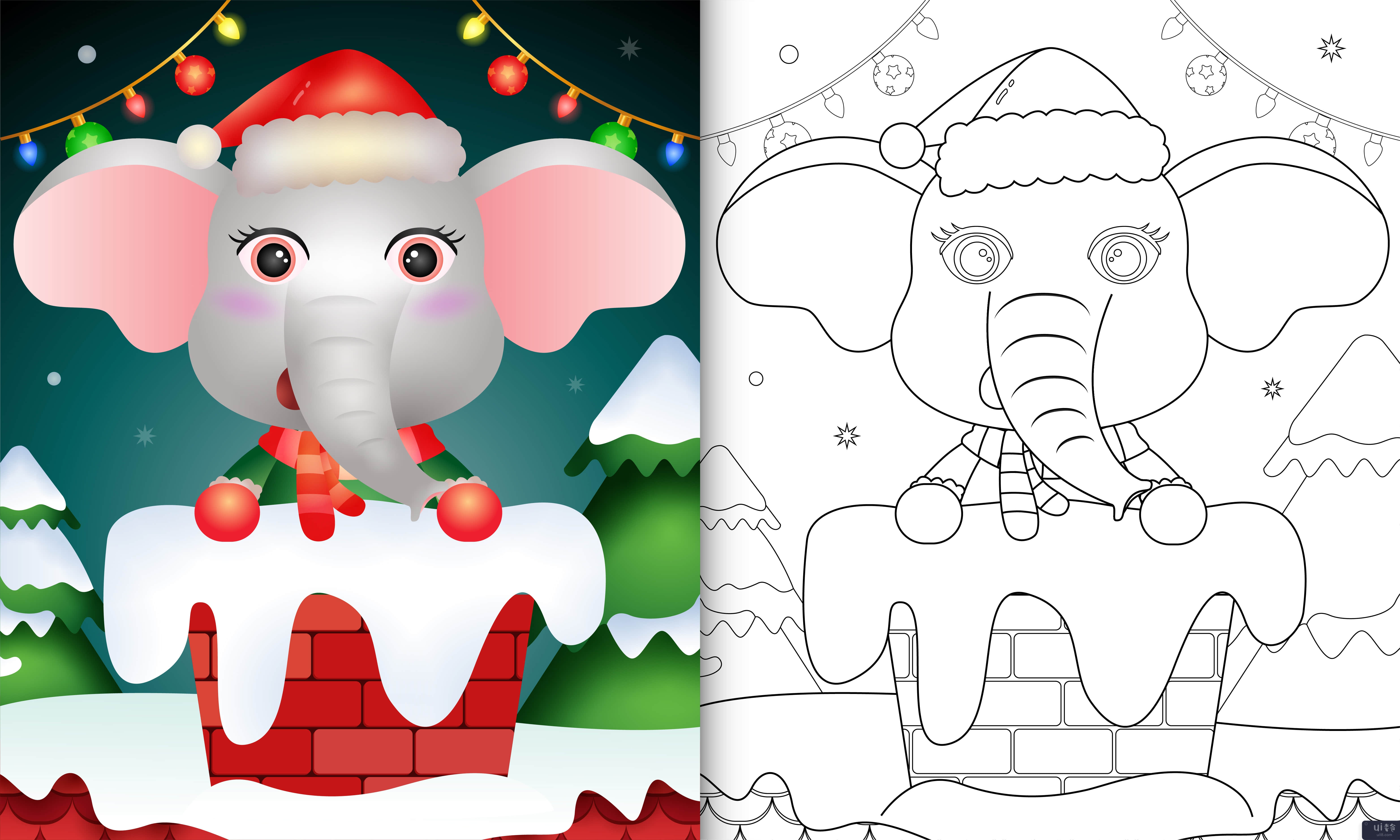 用圣诞老人的帽子和围巾在烟囱里给孩子们涂上可爱的大象(coloring for kids with a cute elephant using santa hat and scarf in chimney)插图2