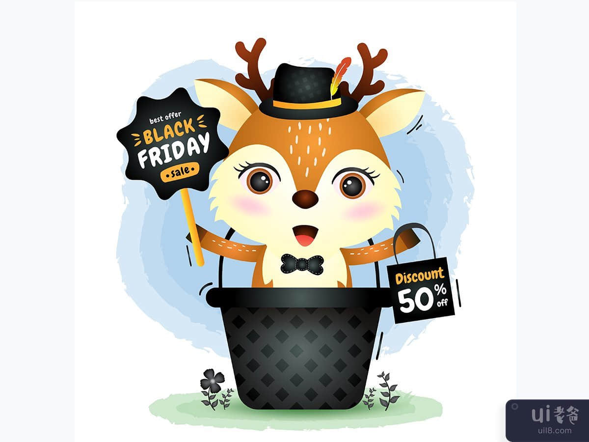 黑色星期五促销，篮子里有一只可爱的鹿(Black friday sale with a cute deer in the basket)插图2