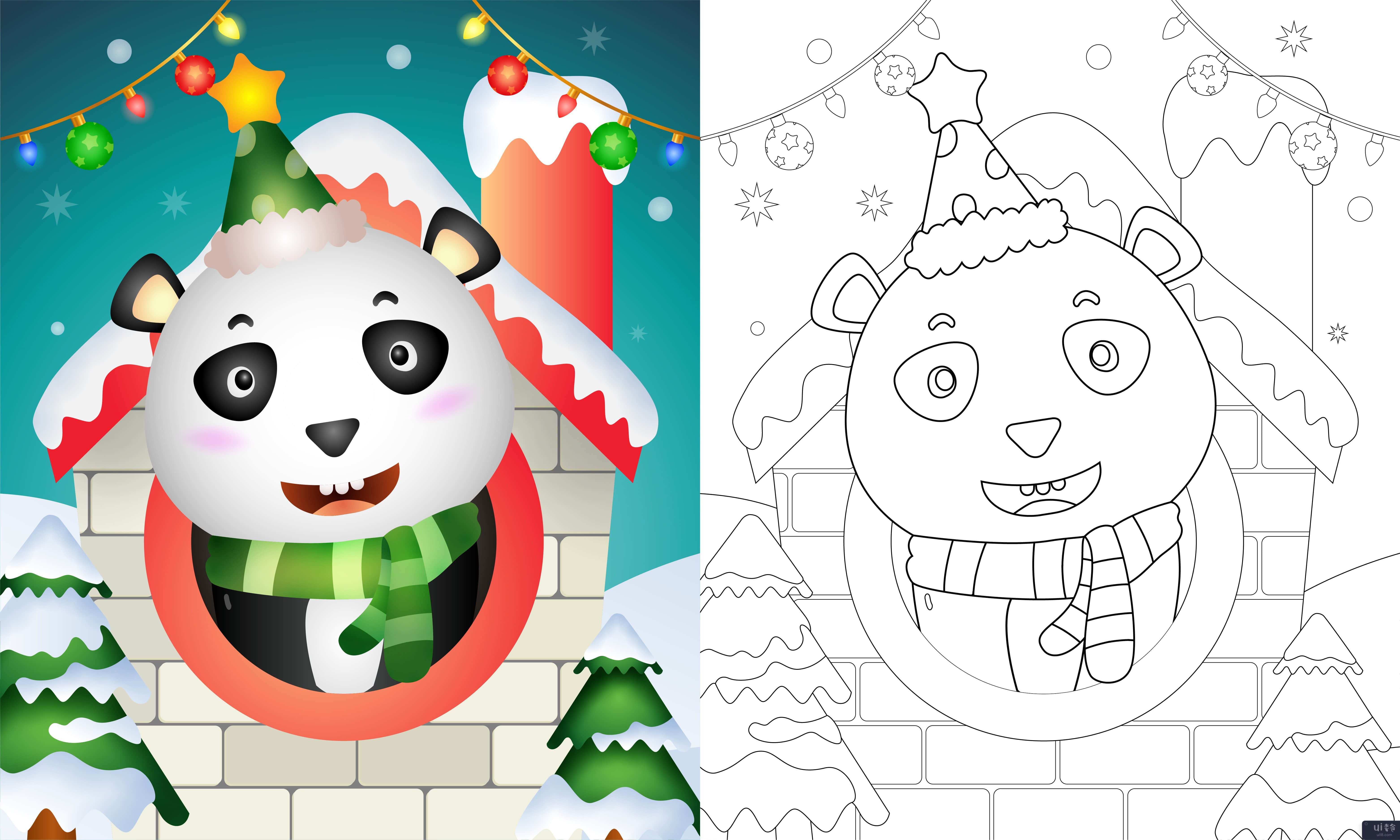 带有可爱熊猫圣诞人物的图画书(coloring book with a cute panda christmas characters)插图2