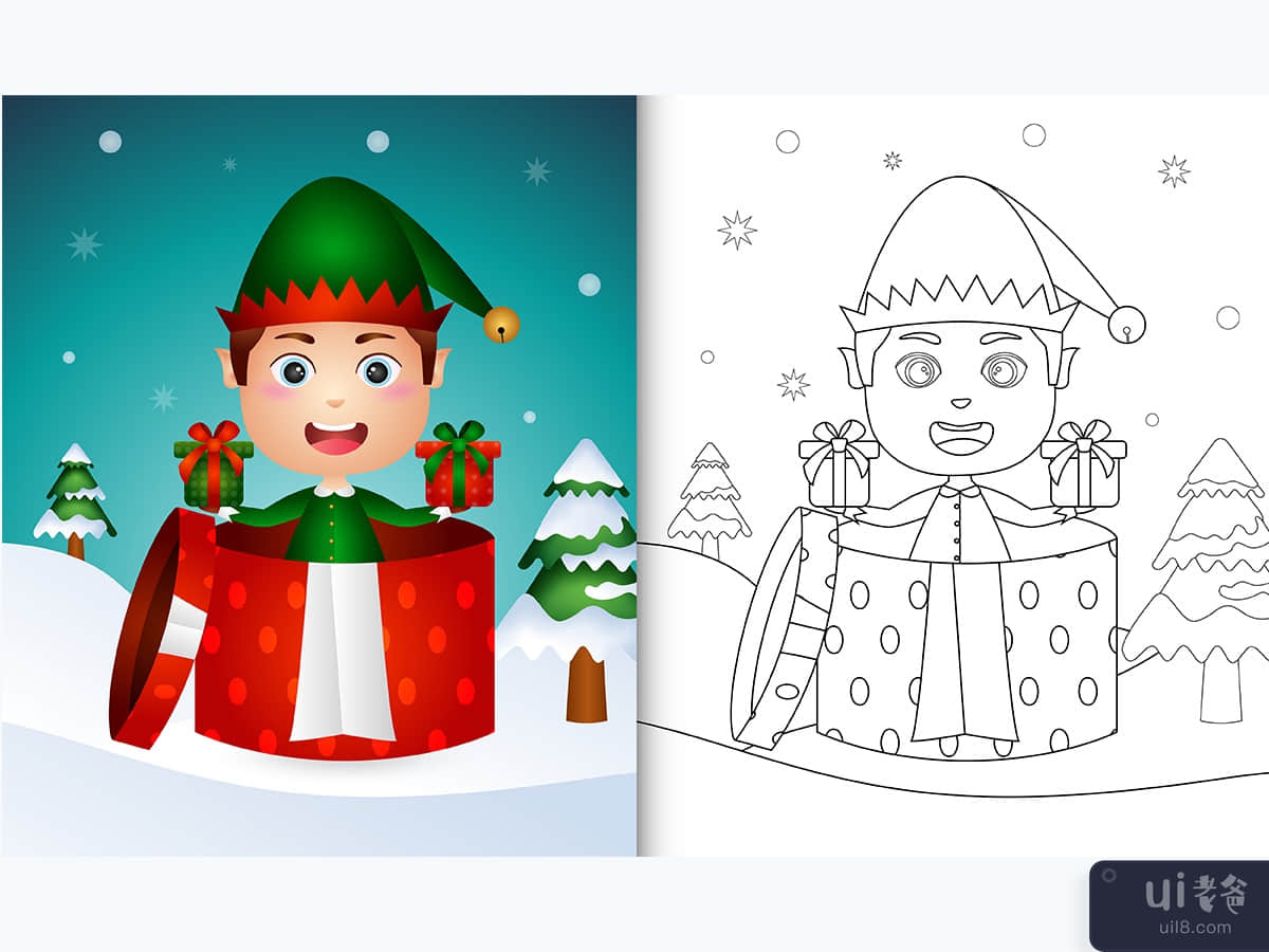 coloring book with a cute boy elf christmas characters in the gift box