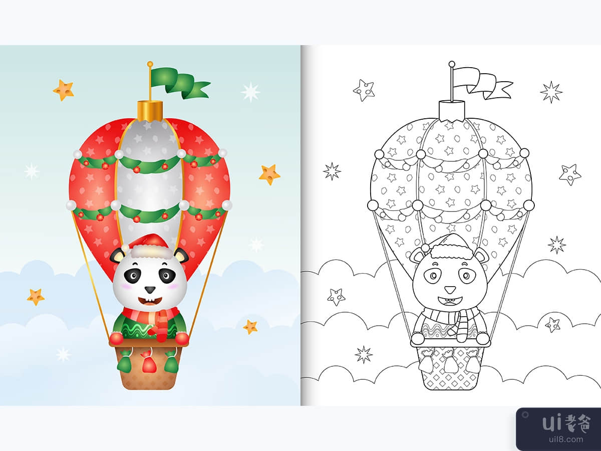 coloring book with a cute panda christmas characters on hot air balloon