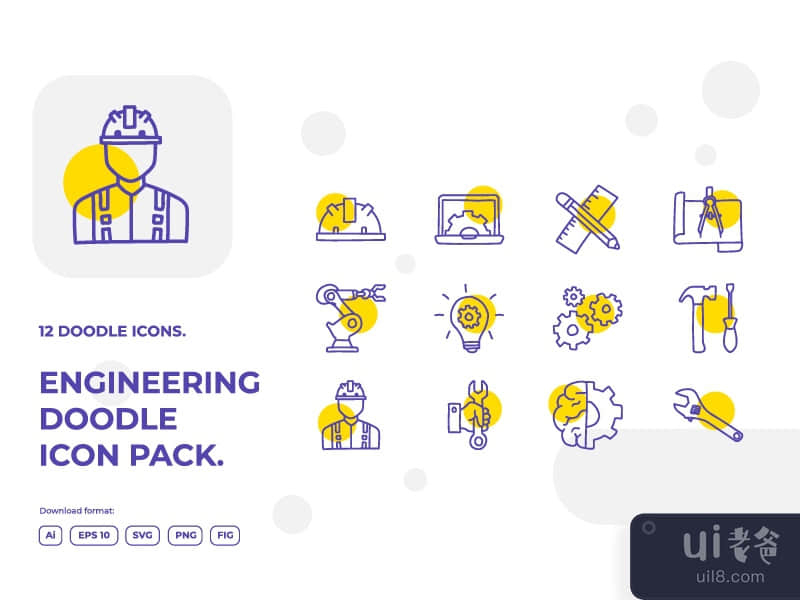 12 engineering and architecture doodle illustrations icon set