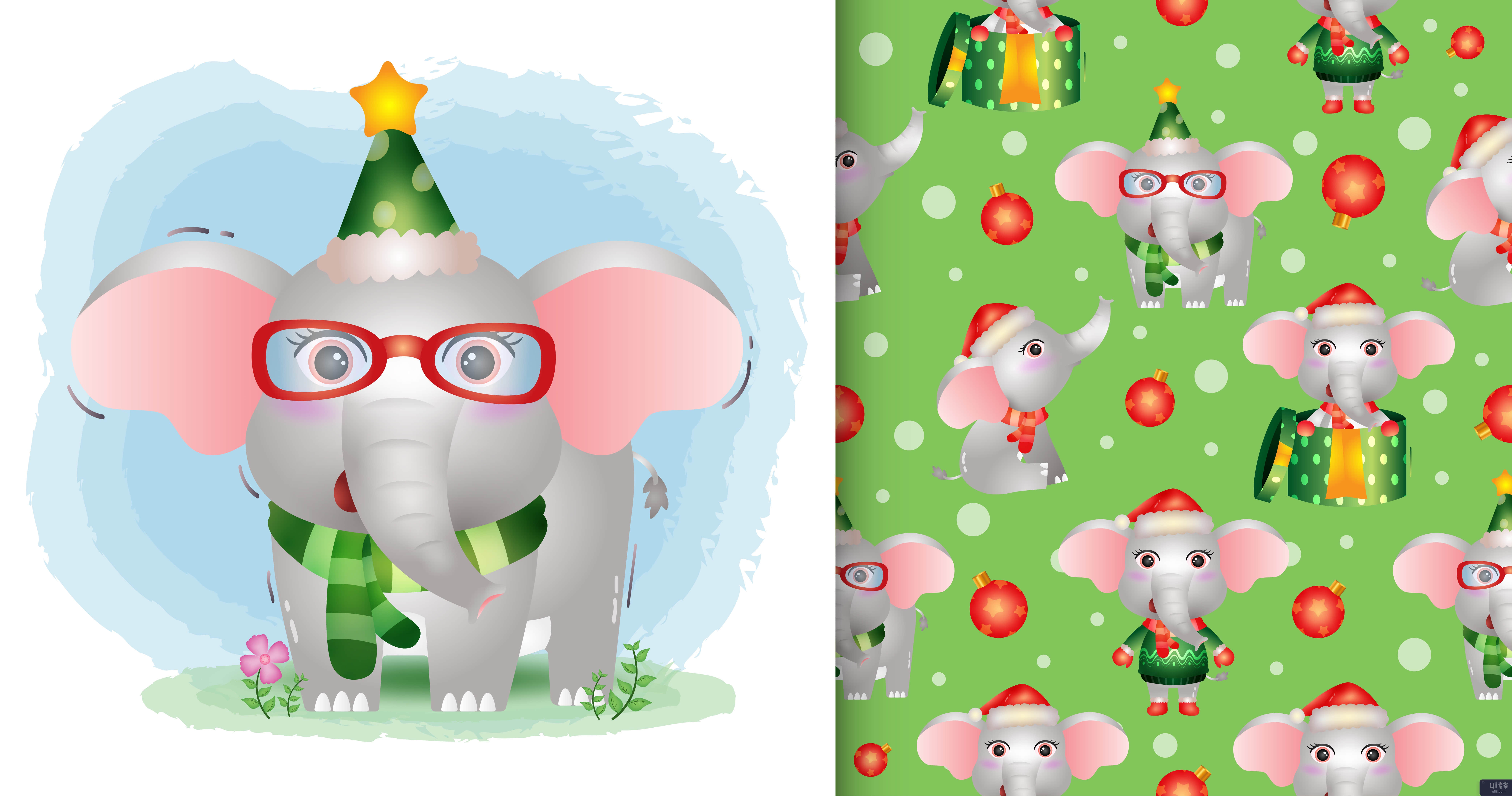 可爱的大象圣诞人物。无缝图案和插图设计(a cute elephant christmas characters. seamless pattern and illustration designs)插图2