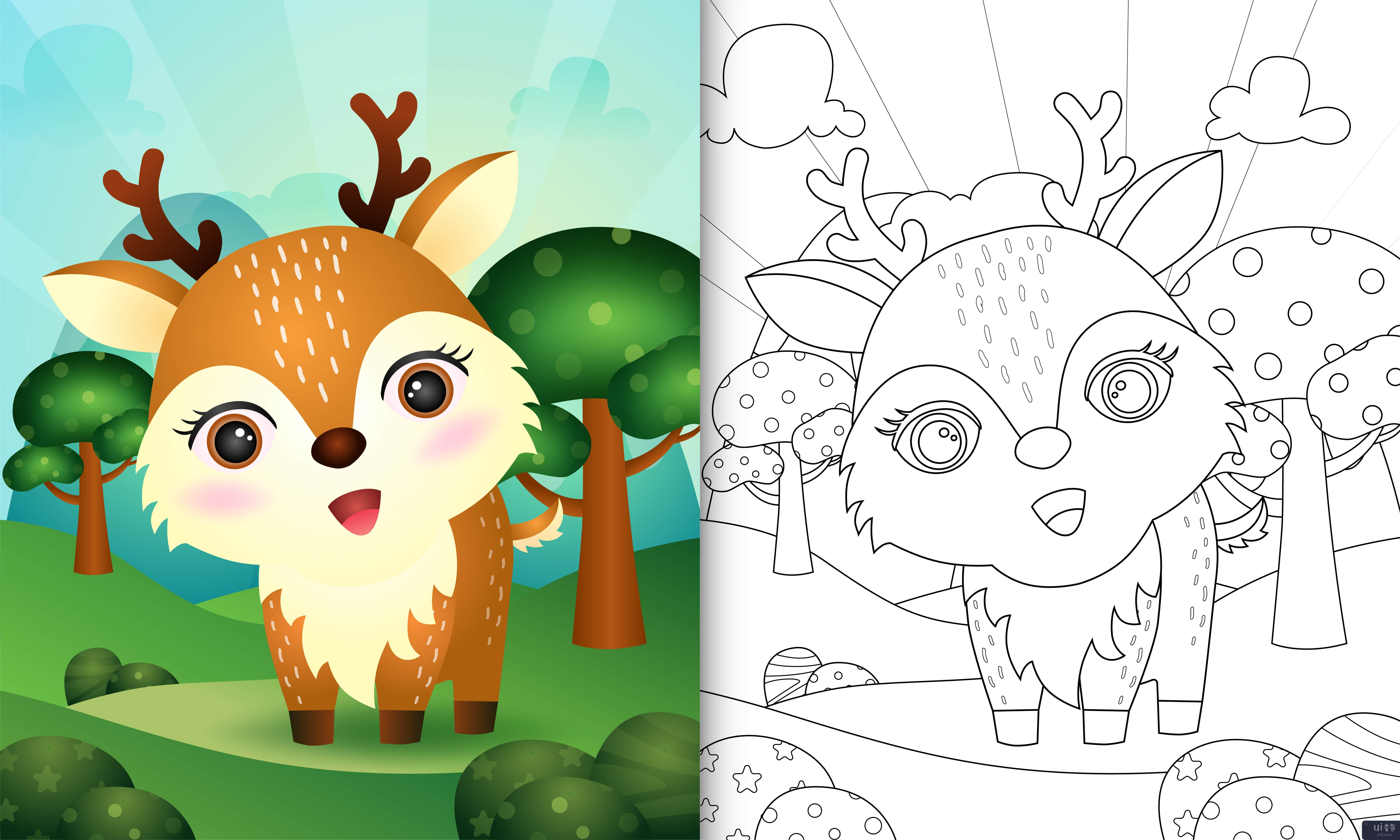带有可爱鹿角色插图的儿童着色书(coloring book for kids with a cute deer character illustration)插图2