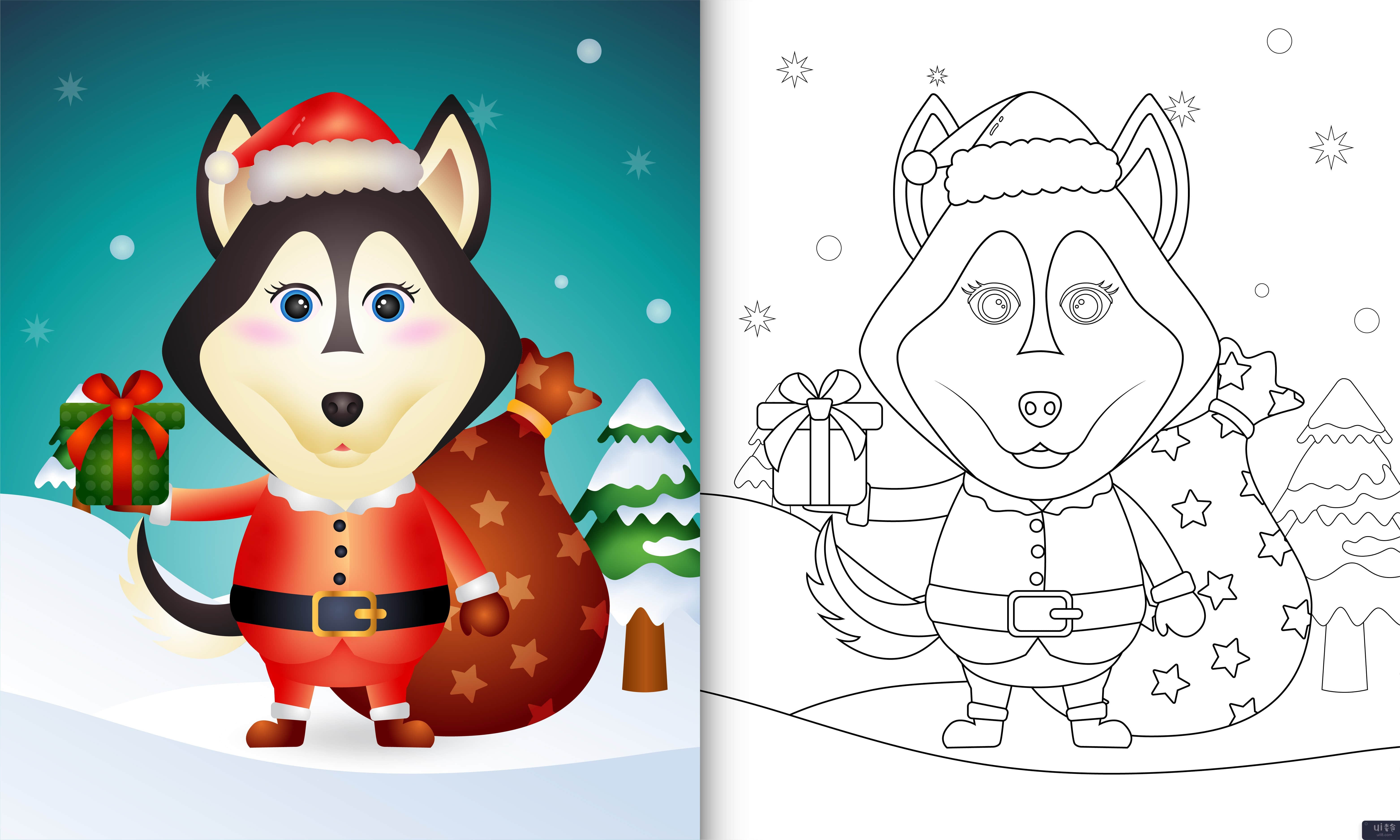 着色书与一只可爱的哈士奇狗穿着圣诞老人服装(coloring book with a cute husky dog using santa clause costume)插图2