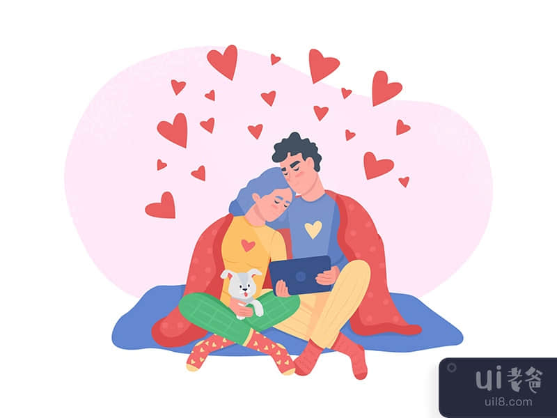 Couple watching movie 2D vector isolated illustration