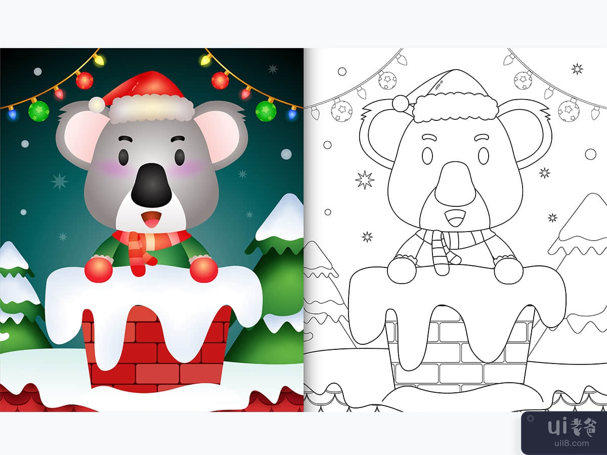 coloring for kids with a cute koala using santa hat and scarf in chimney