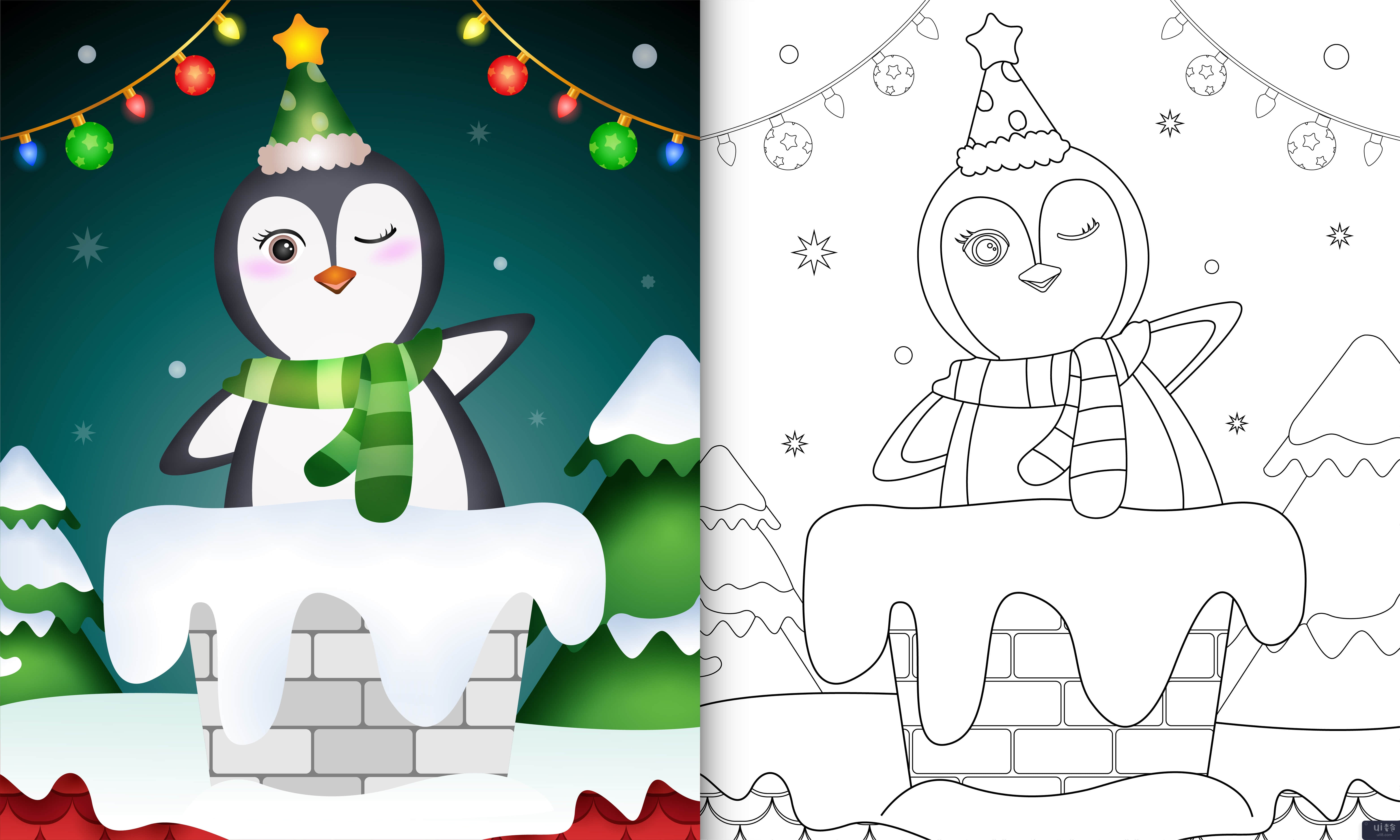 用帽子和围巾在烟囱里给可爱企鹅的孩子涂色书(coloring book for kids with a cute penguin using hat and scarf in chimney)插图2