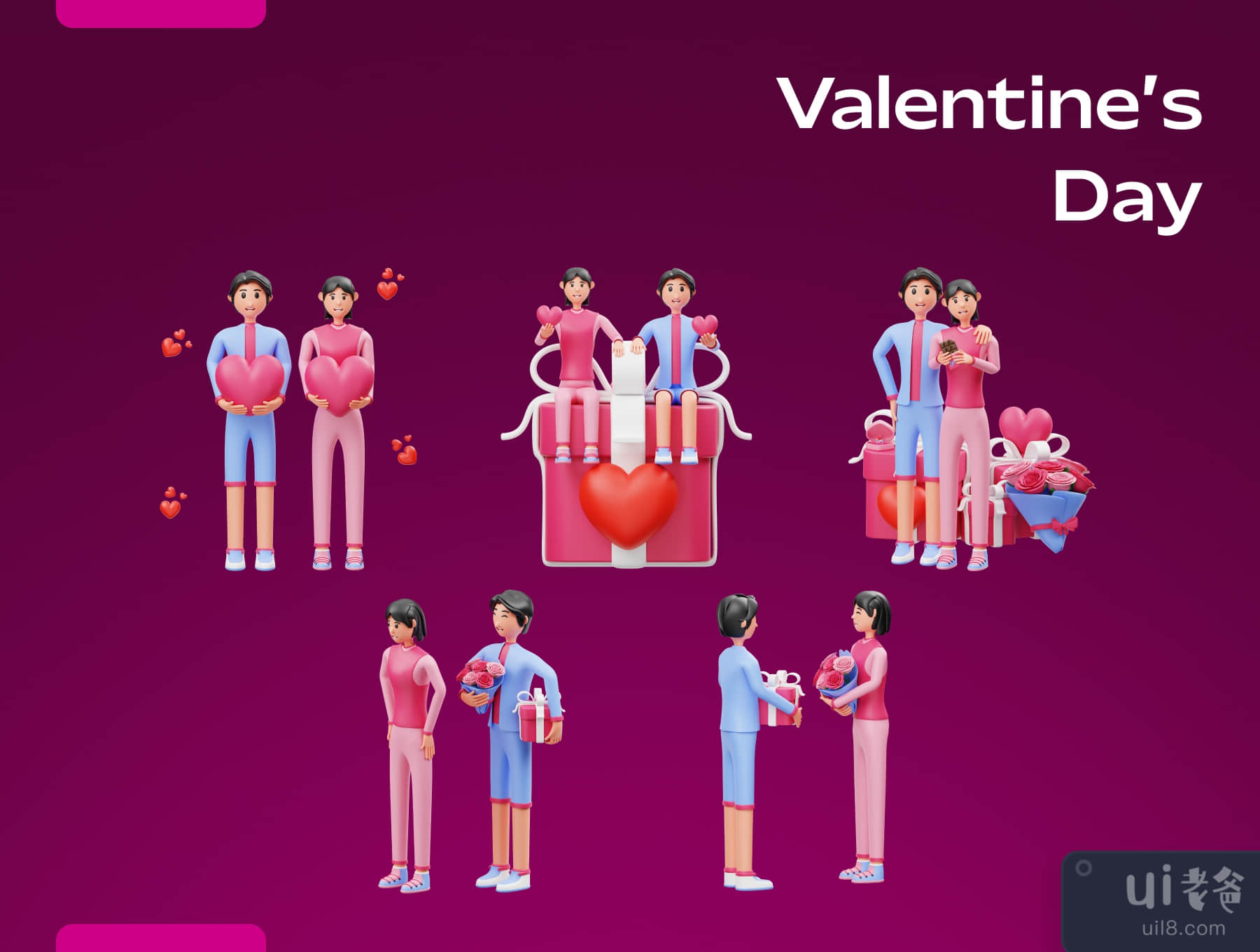 情人节情侣3D人物插图 (Valentine’s Couple 3D Character Illustration)插图5